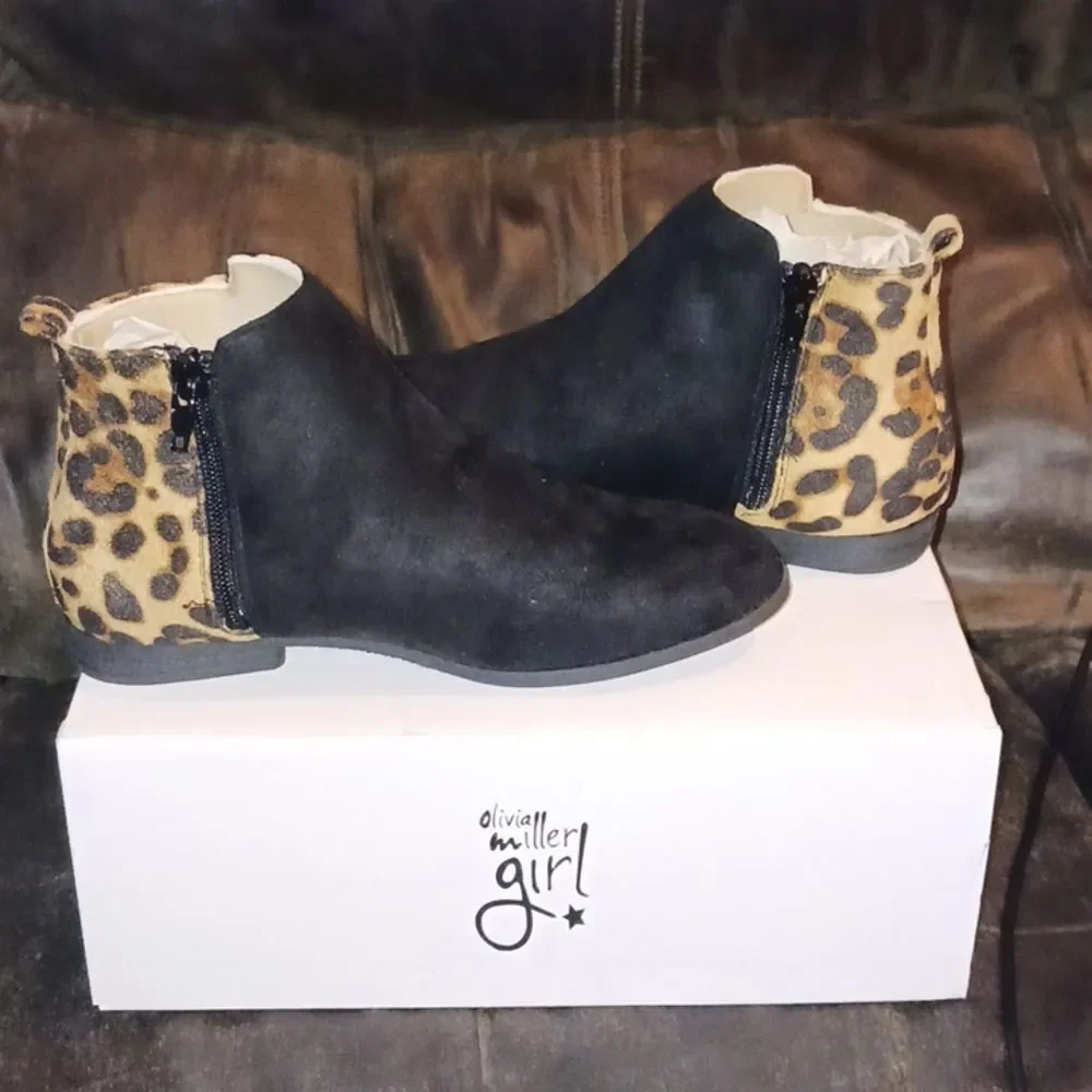 Olivia Miller Girls Black Leopard Ankle Boots